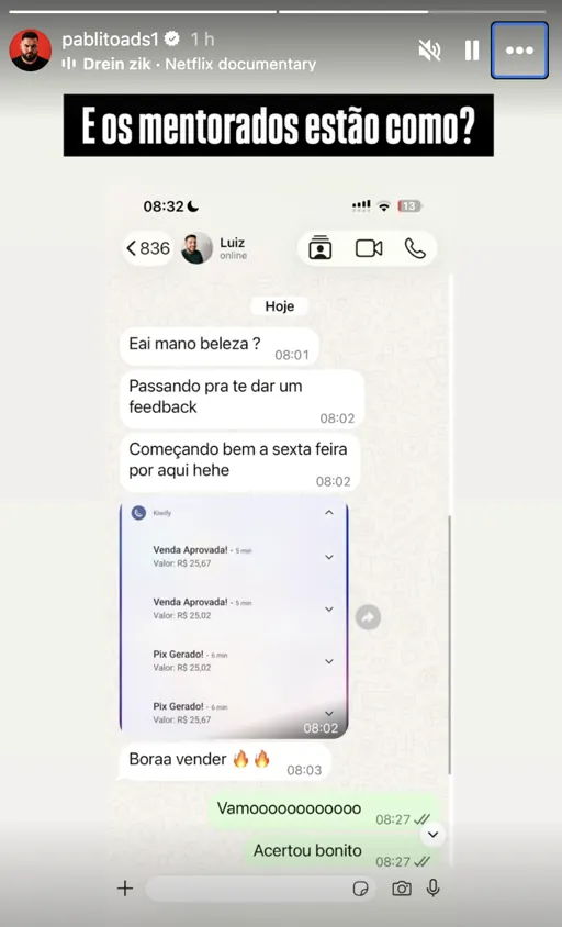 Mensagem de aluno comemorando vendas
